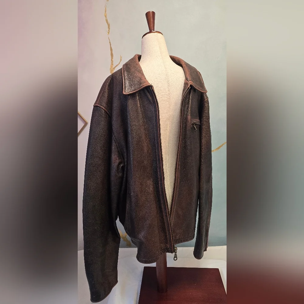 Classic Heavy Brown Leather Motorcycle Zip Jacket - Men's L